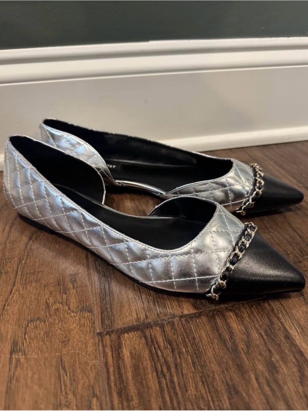 Nine West Silver Quilted Flats with Black Pointed Toe and Chain Trim